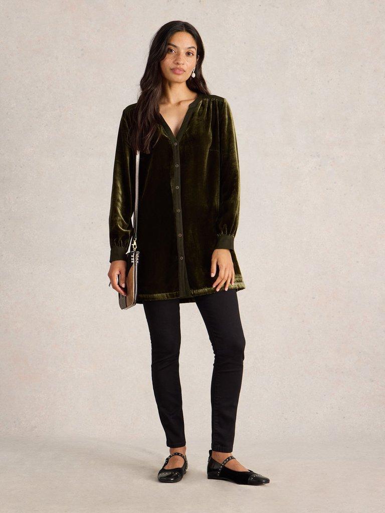 Olive Velvet Tunic in KHAKI GRN - MODEL FRONT