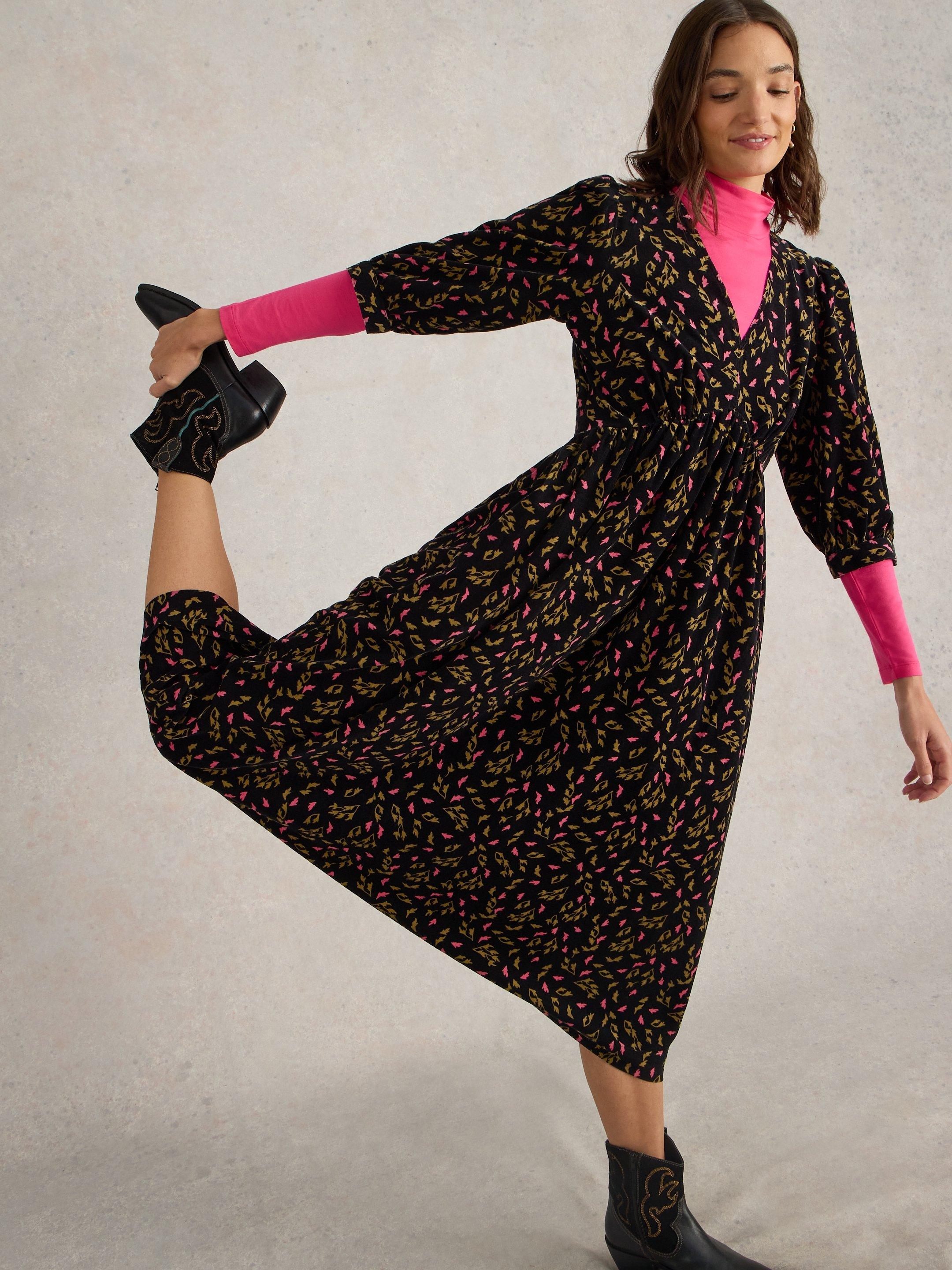 Lucy Cord Midi Dress in BLACK PRINT White Stuff