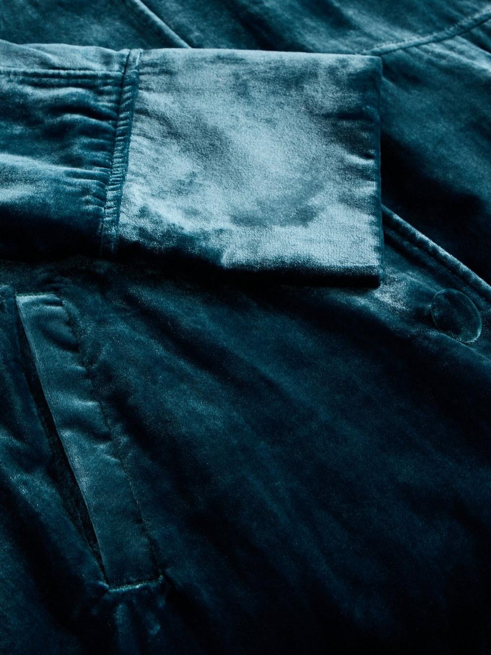 Freya Velvet Duster Coat in DK TEAL - FLAT DETAIL