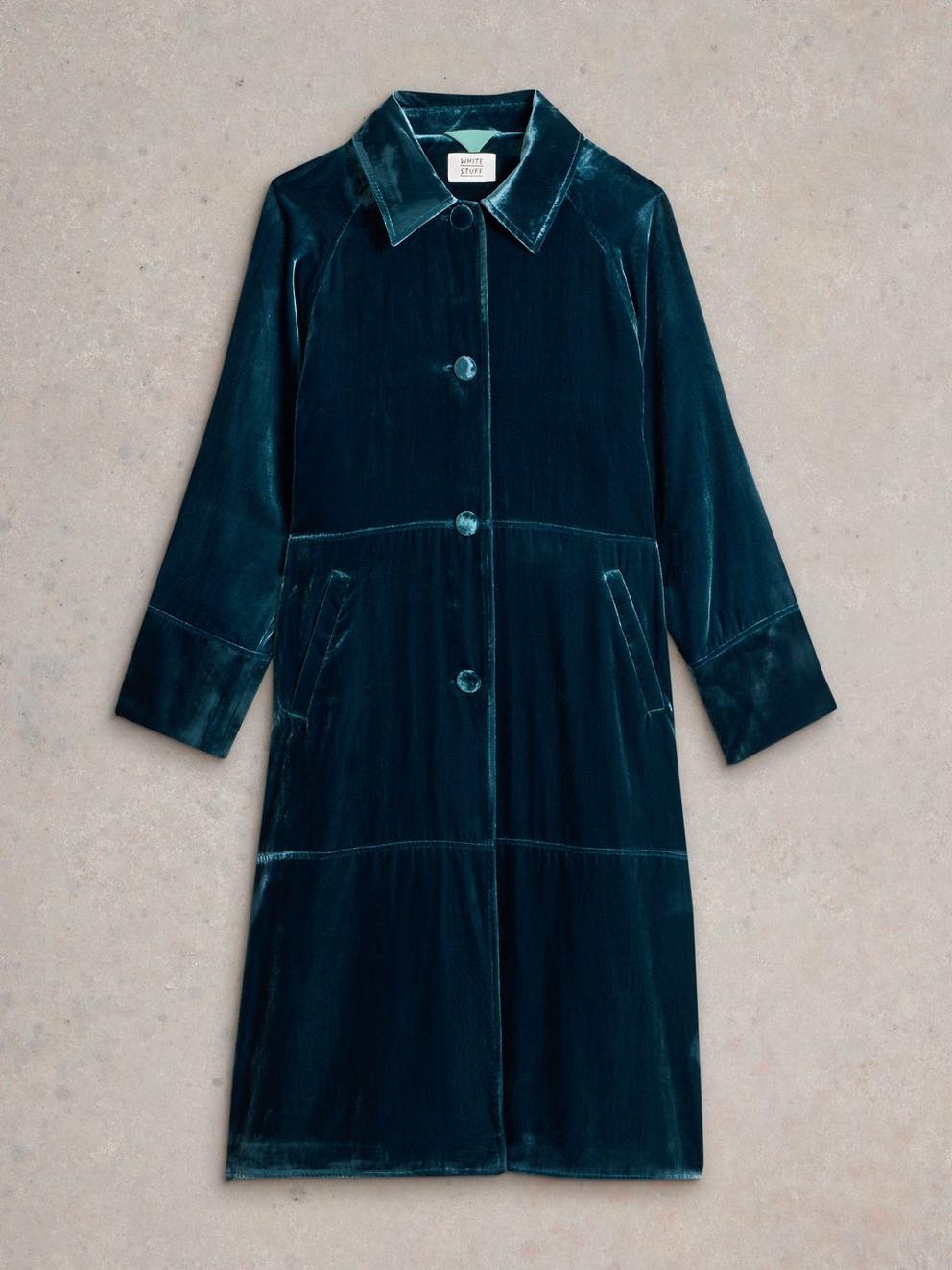 Freya Velvet Duster Coat in DK TEAL - FLAT FRONT