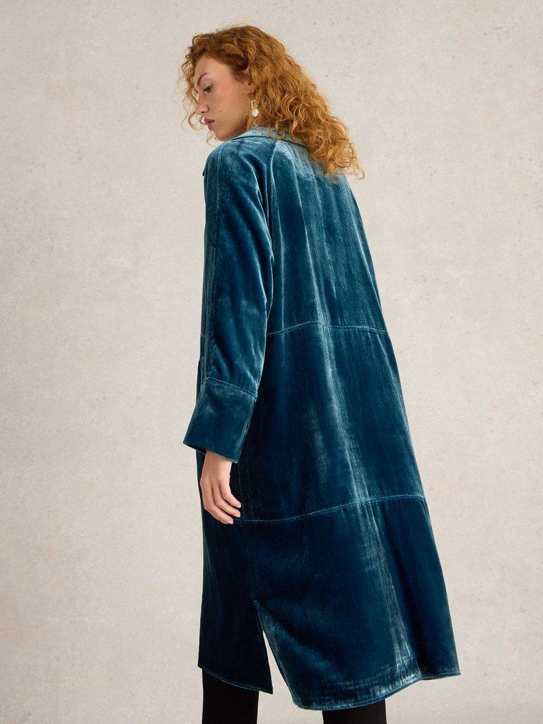 Freya Velvet Duster Coat in DK TEAL - MODEL BACK