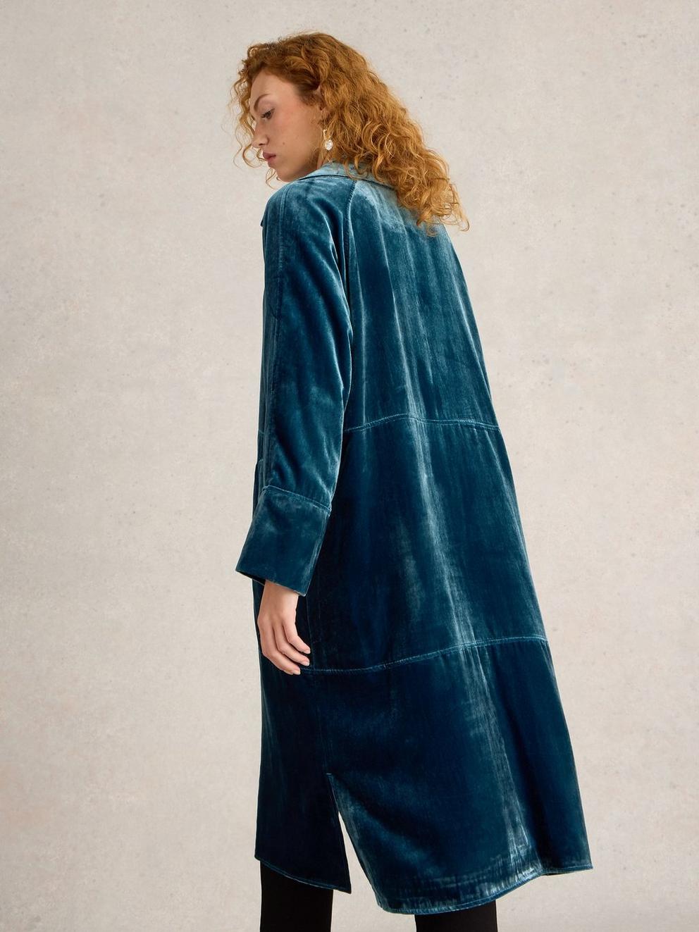 Freya Velvet Duster Coat in DK TEAL - MODEL BACK