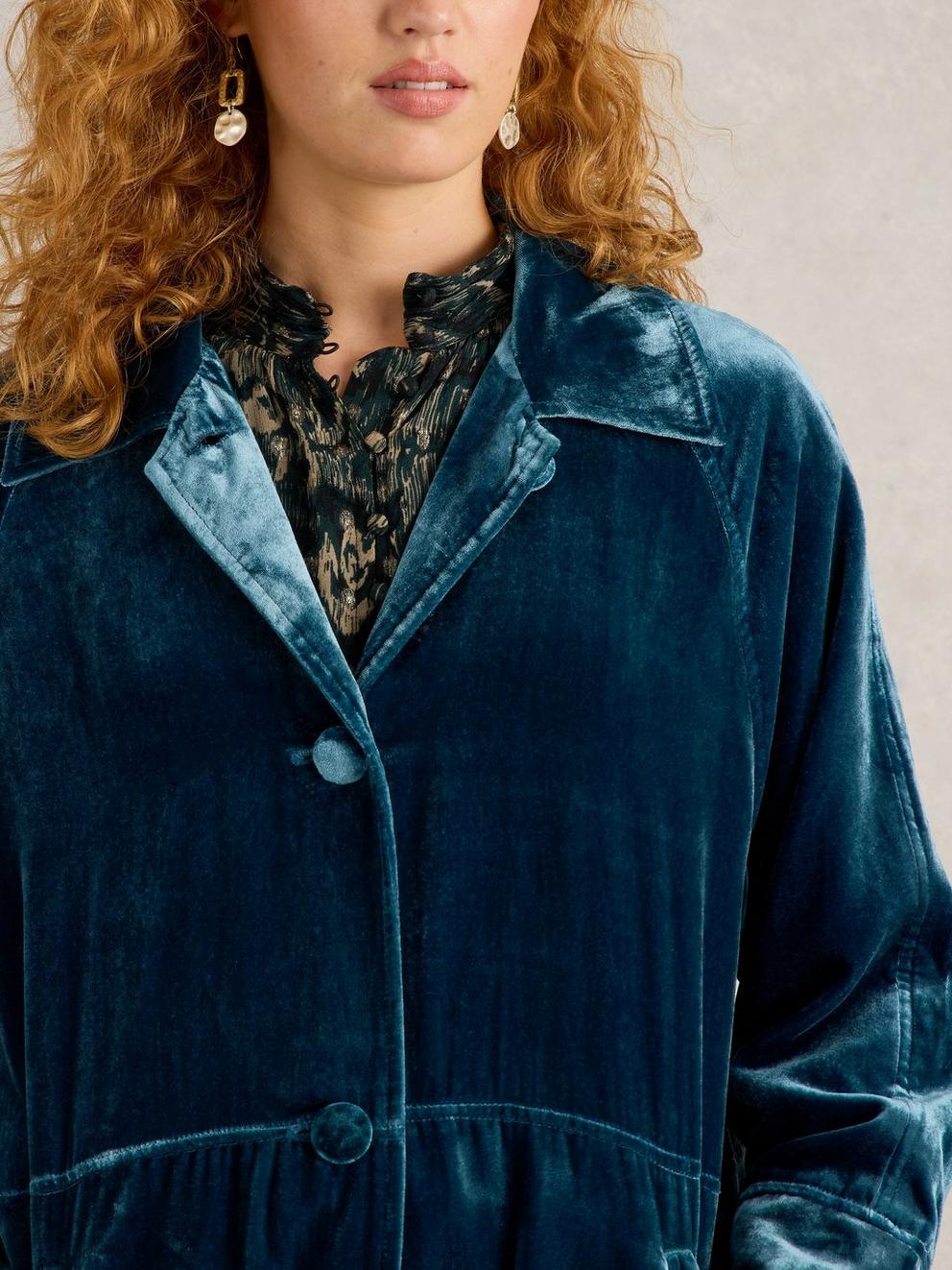 Freya Velvet Duster Coat in DK TEAL - MODEL DETAIL