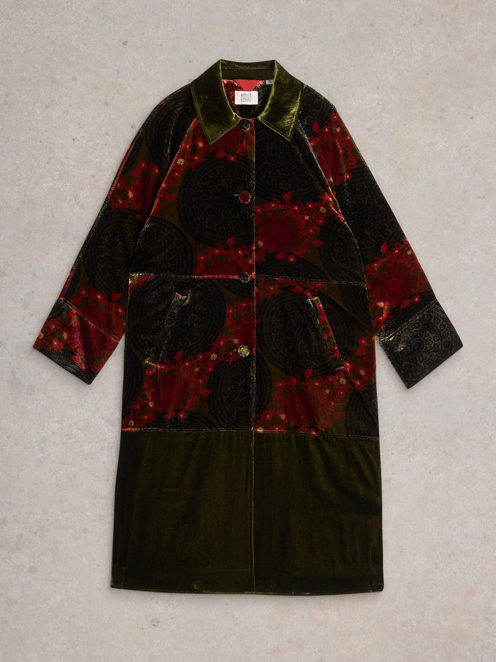 Freya Velvet Duster Coat in GREEN PR - FLAT FRONT