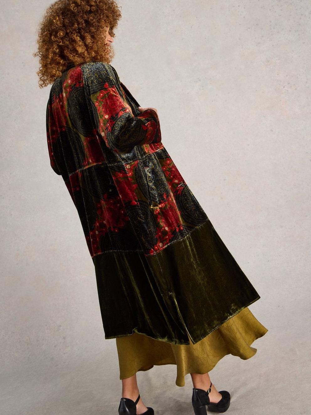 Freya Velvet Duster Coat in GREEN PR - MODEL BACK