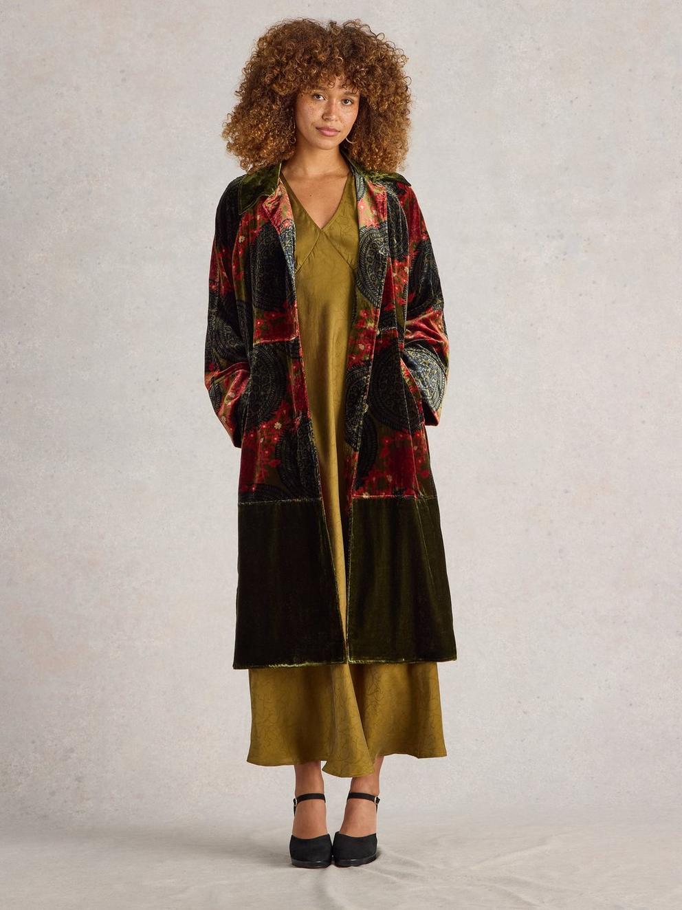 Freya Velvet Duster Coat in GREEN PR - MODEL FRONT