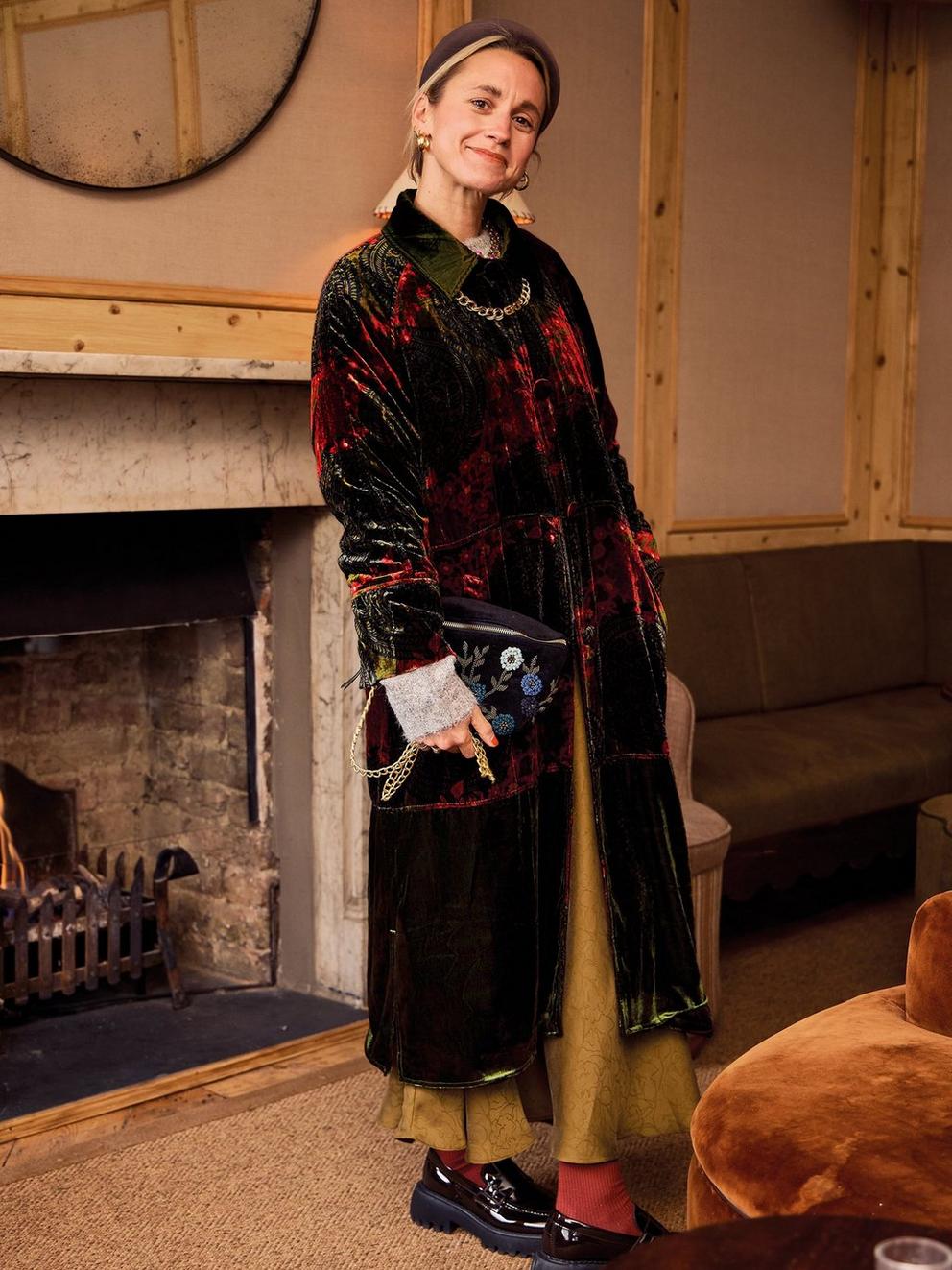 Freya Velvet Duster Coat in GREEN PR - MIXED