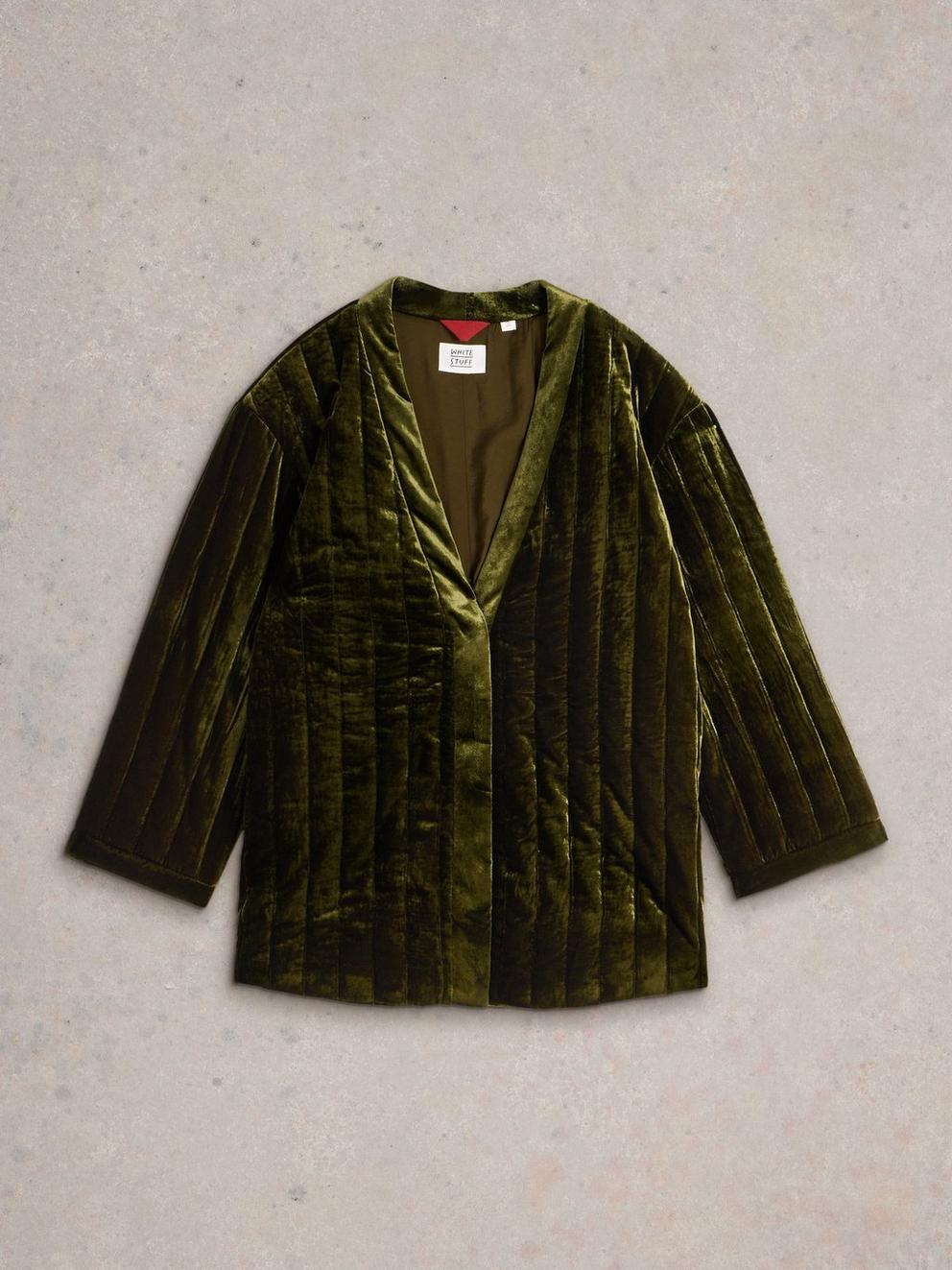 Opal Velvet Kimono Jacket in KHAKI GRN - FLAT FRONT