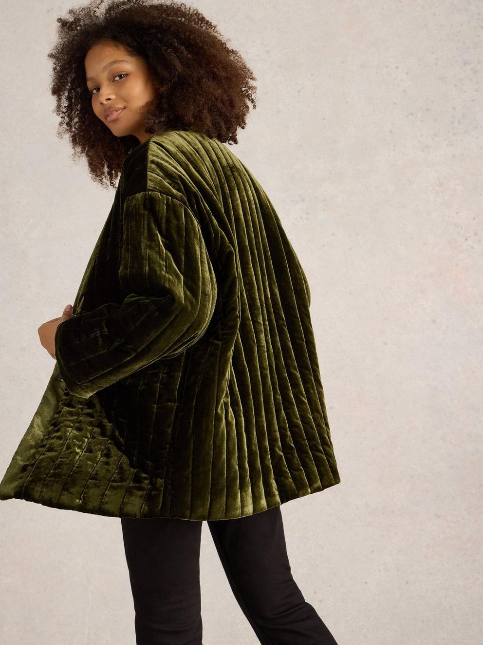 Opal Velvet Kimono Jacket in KHAKI GRN - MODEL BACK