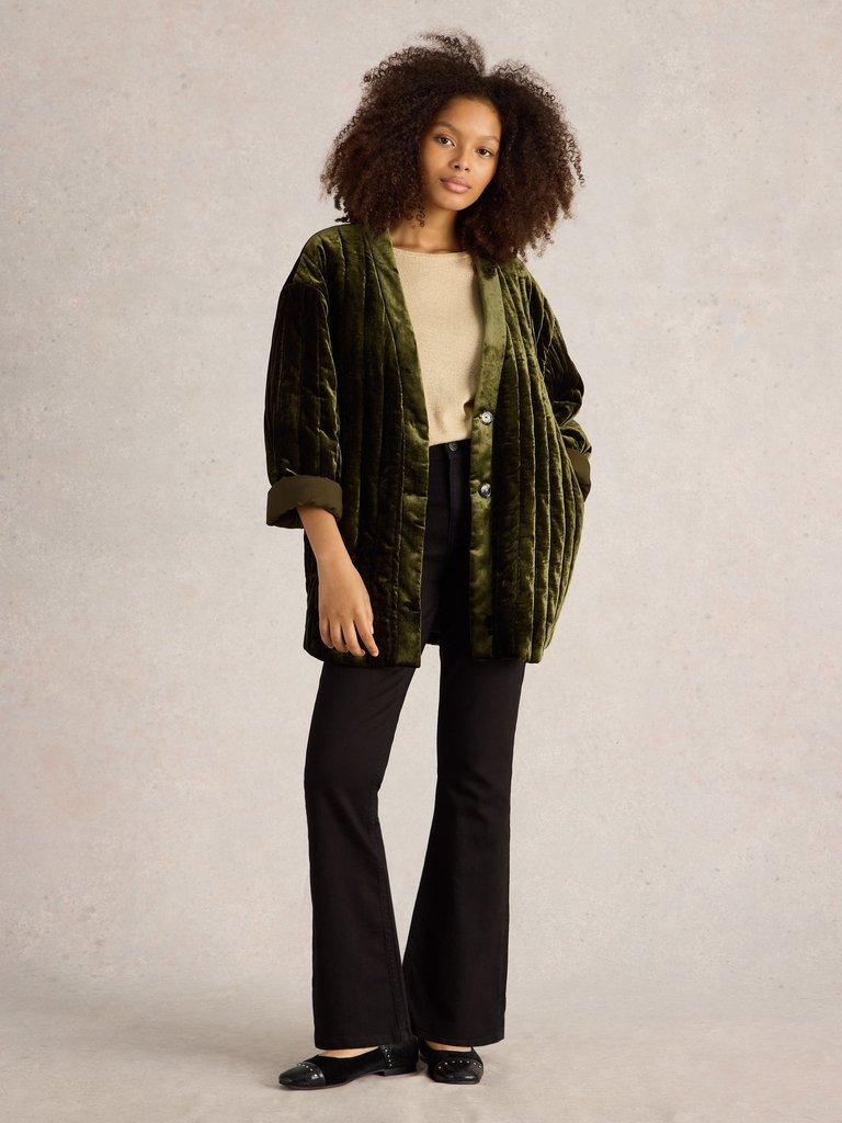 Opal Velvet Kimono Jacket in KHAKI GRN - MODEL FRONT