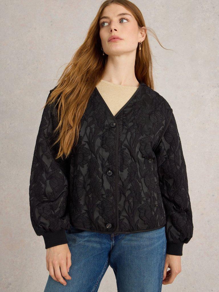 Bella Jacquard Jacket in PURE BLK - MODEL DETAIL