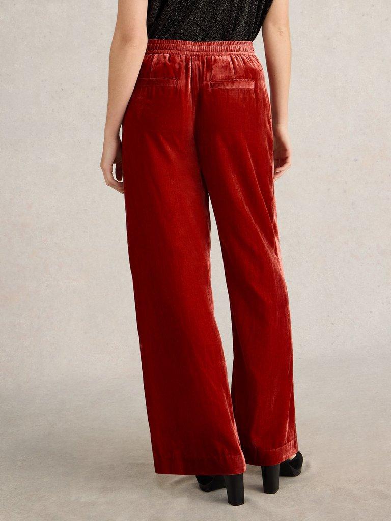 Freda Wide Leg Velvet Trouser in DK ORANGE - MODEL BACK
