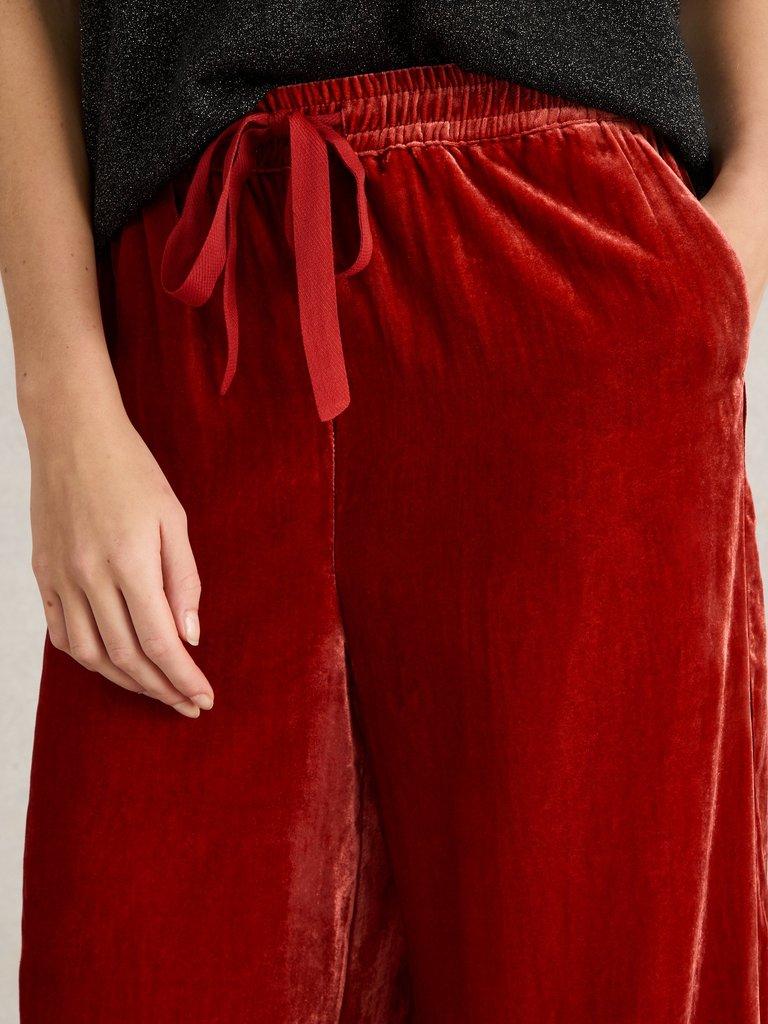 Freda Wide Leg Velvet Trouser in DK ORANGE - MODEL DETAIL