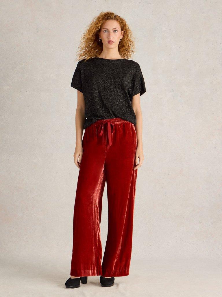 Freda Wide Leg Velvet Trouser in DK ORANGE - MODEL FRONT