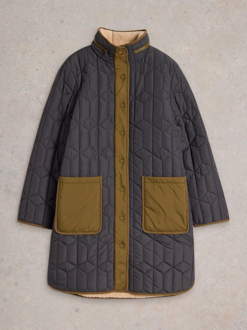Carmel Borg Lined Quilted Coat in DK GREY - FLAT FRONT