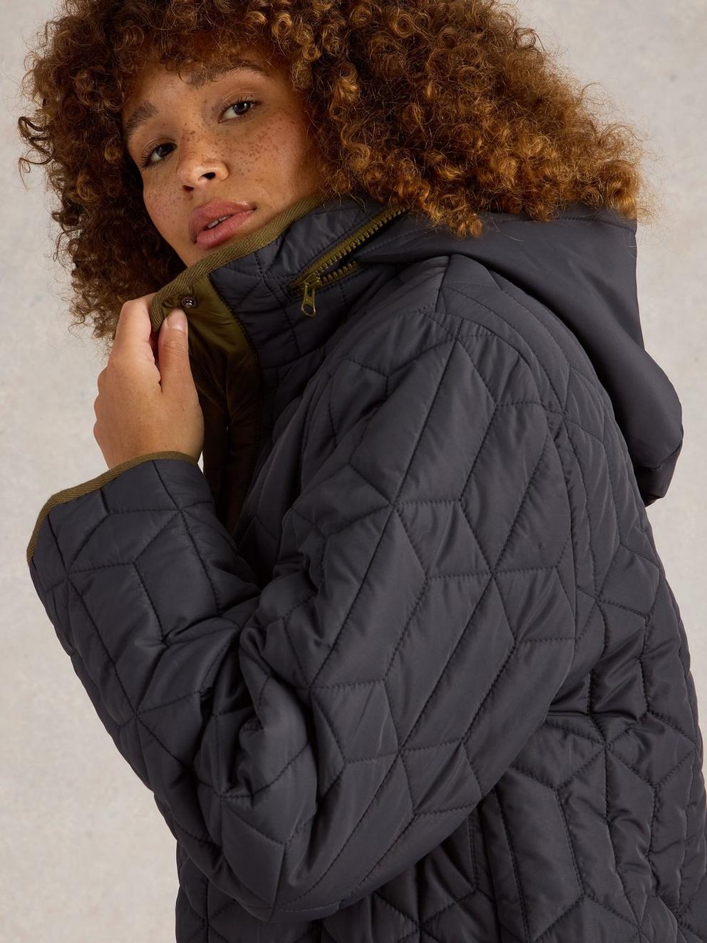 Carmel Borg Lined Quilted Coat in DK GREY - MODEL DETAIL