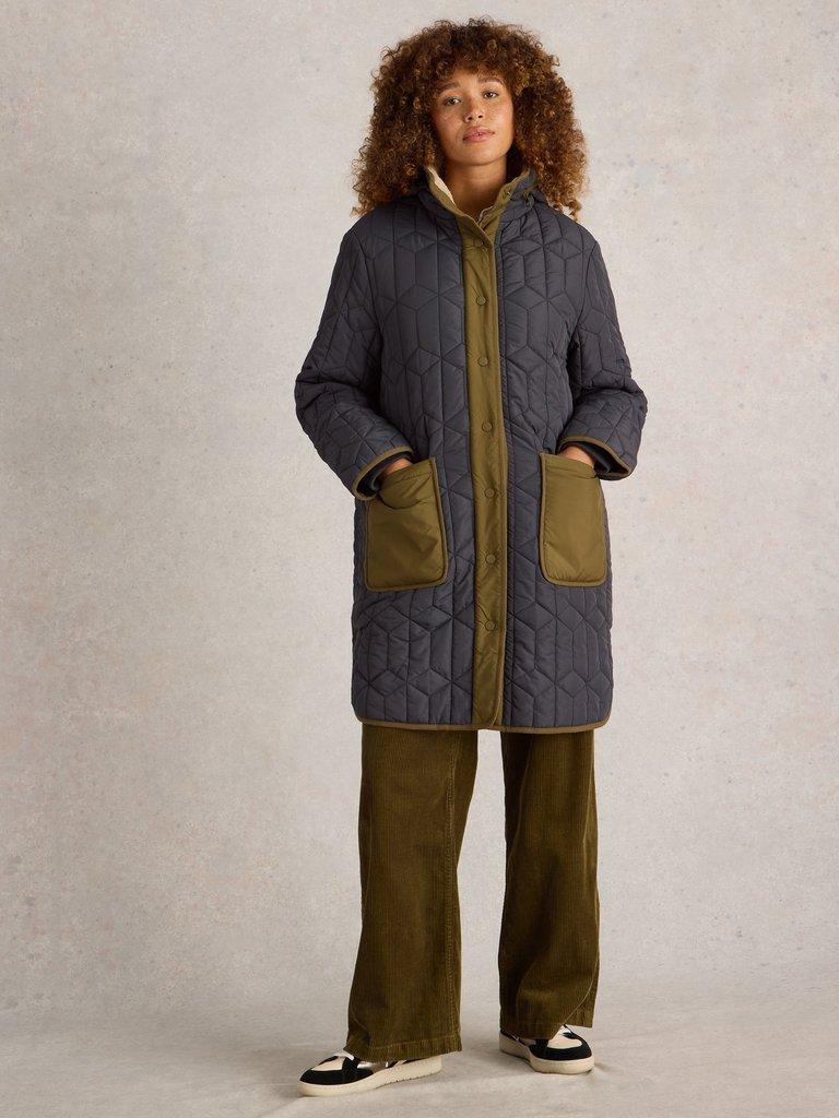 Carmel Borg Lined Quilted Coat in DK GREY - MODEL FRONT