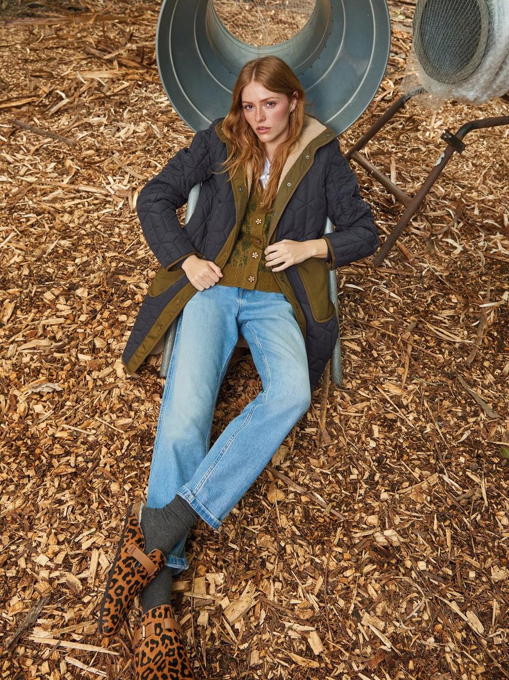 Carmel Borg Lined Quilted Coat in DK GREY - MIXED