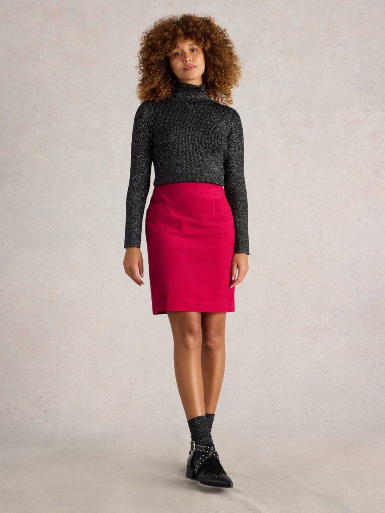 Coral Velvet Skirt in BRT PINK - MODEL FRONT