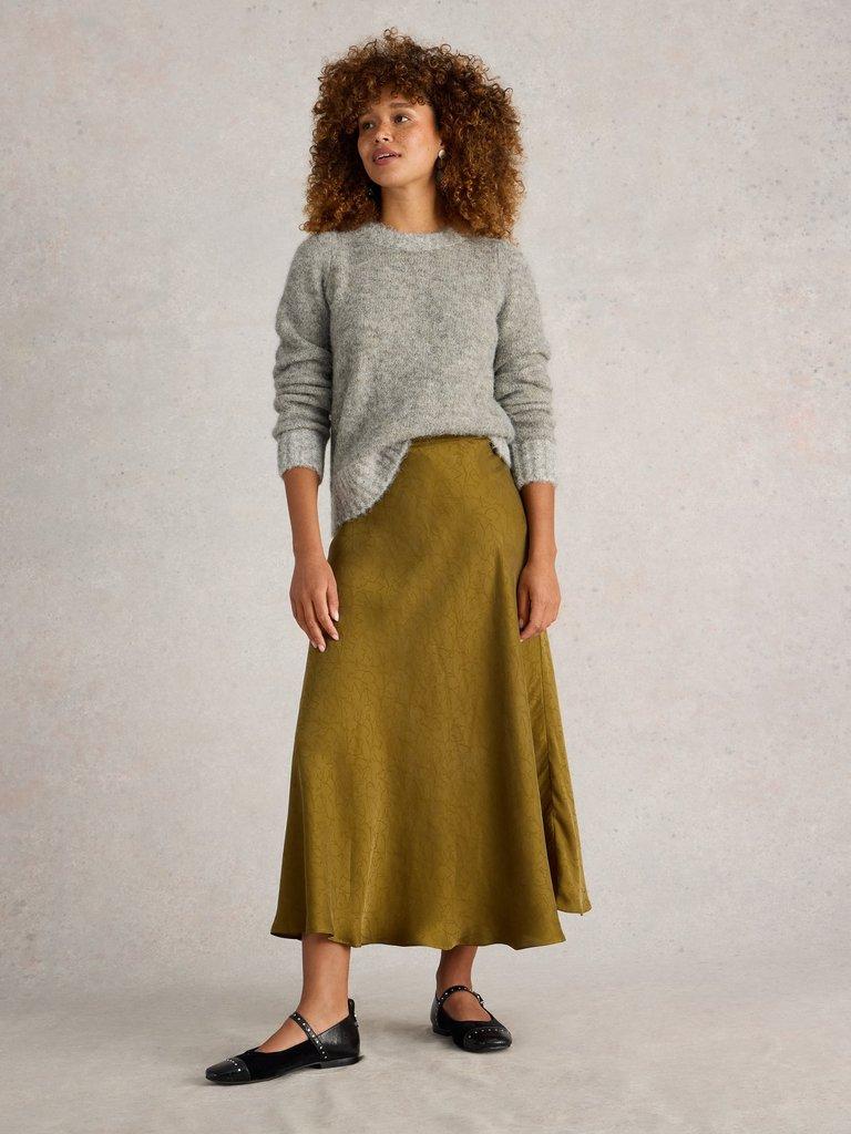 Darcy Bias Cut Skirt in KHAKI GRN - MODEL FRONT