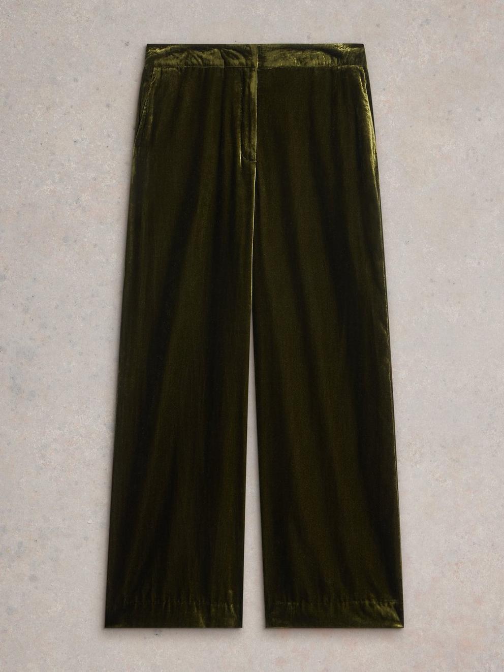 Belle Wide Leg Velvet Trouser in KHAKI GRN - FLAT FRONT