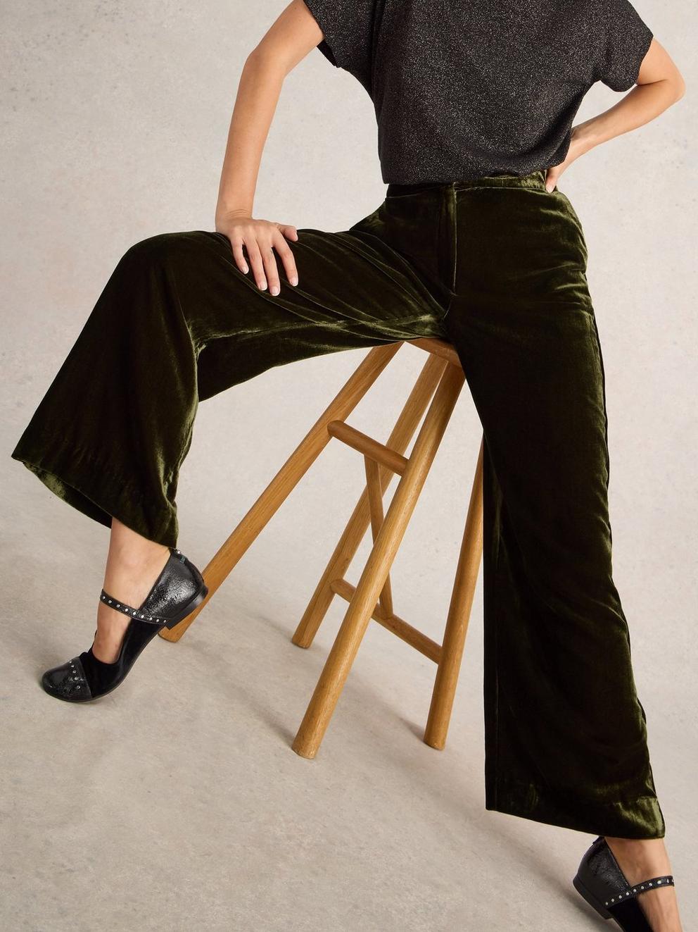 Belle Wide Leg Velvet Trouser in KHAKI GRN - LIFESTYLE