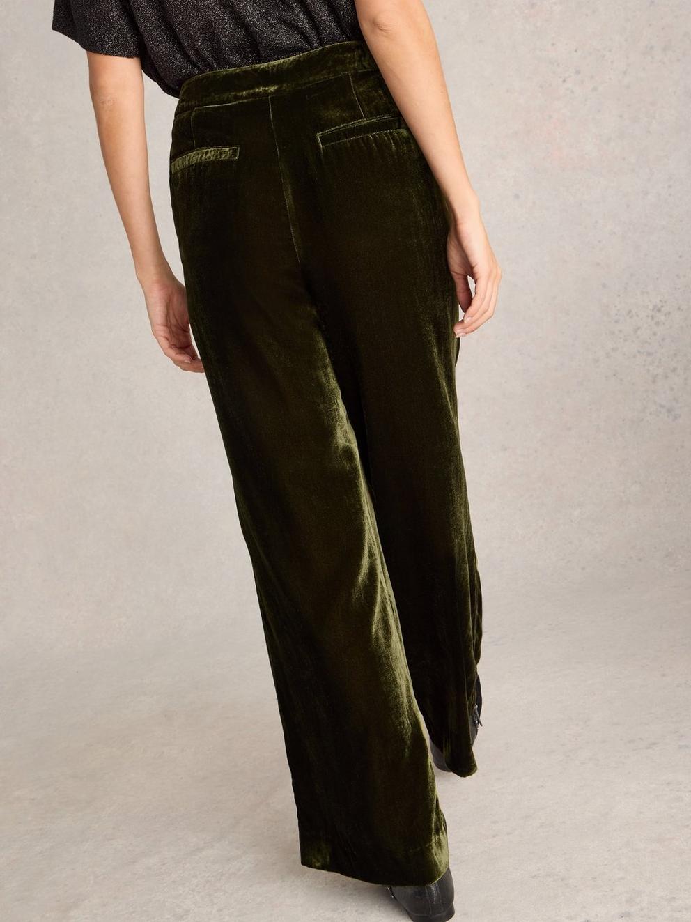 Belle Wide Leg Velvet Trouser in KHAKI GRN - MODEL BACK