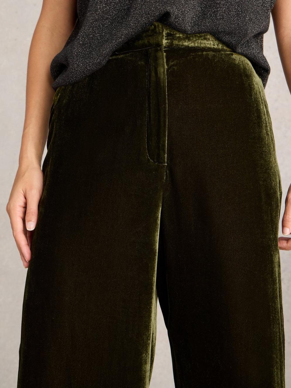 Belle Wide Leg Velvet Trouser in KHAKI GRN - MODEL DETAIL