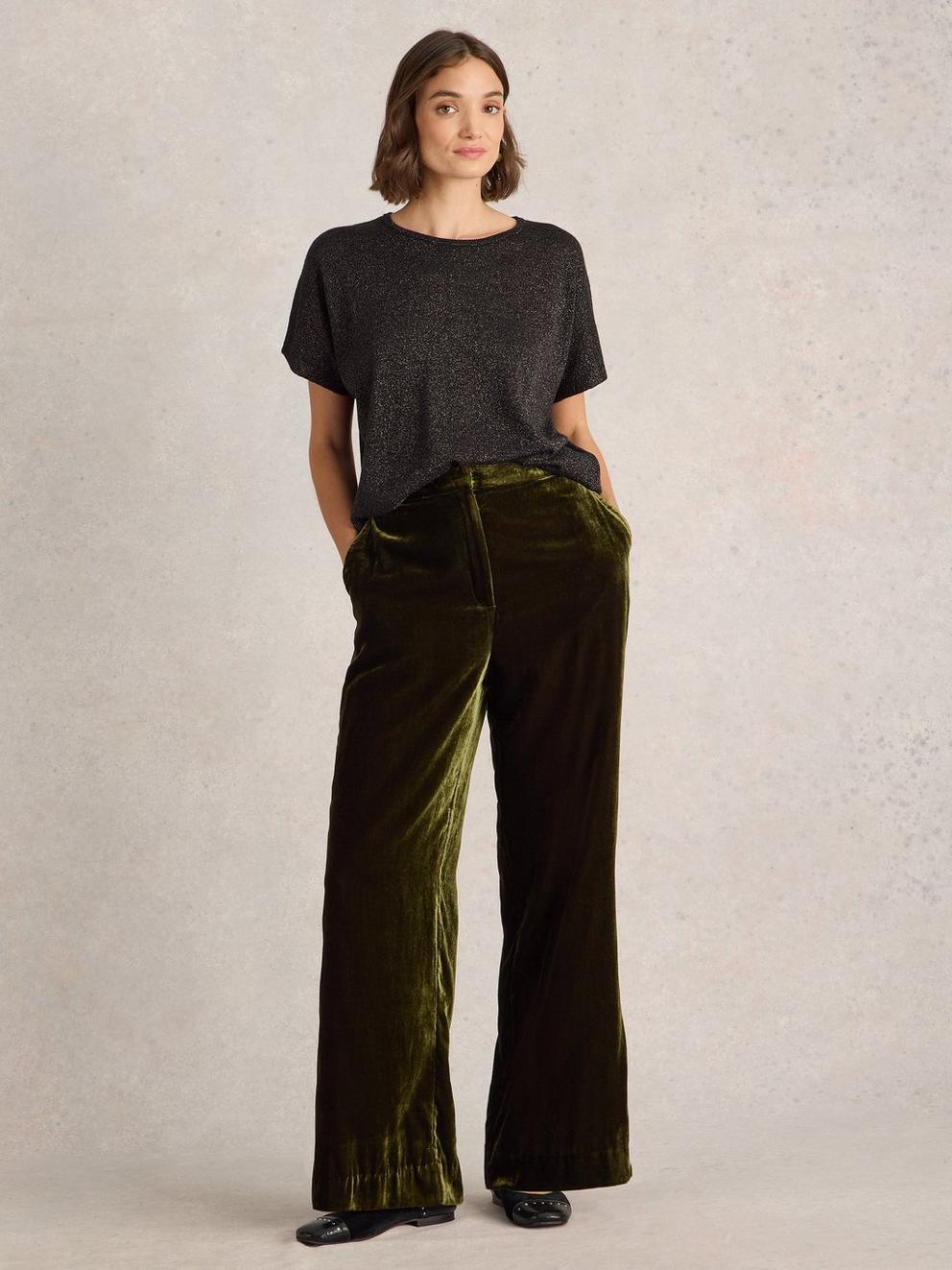 Belle Wide Leg Velvet Trouser in KHAKI GRN - MODEL FRONT