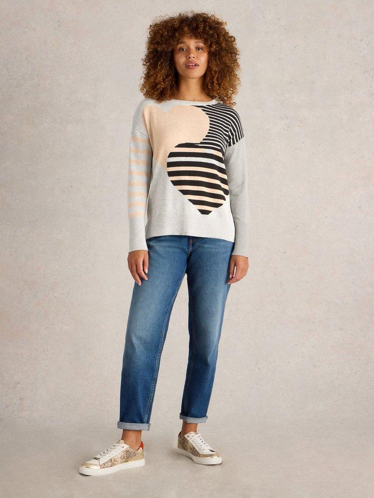 OLIVE STRIPE HEART JUMPER in NAT MLT - MODEL FRONT