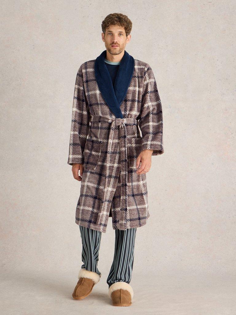 Checked Fleece Robe in GREY MLT - MODEL FRONT