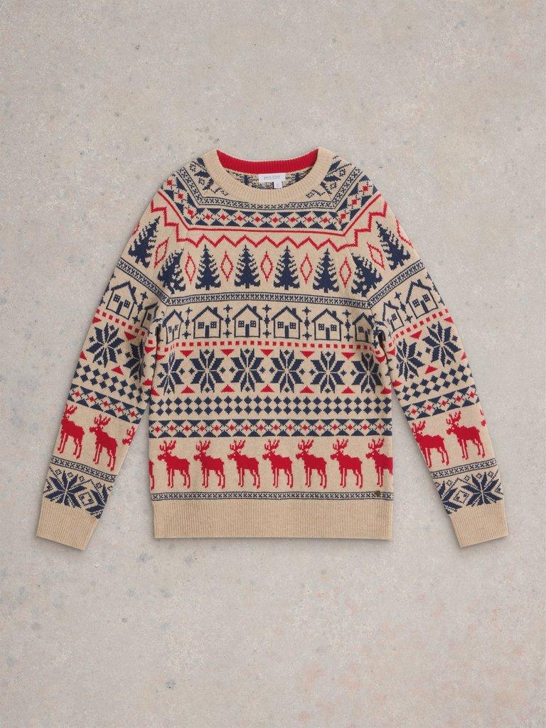 Moose Fairisle Wool Crew Jumper in NAT MLT - FLAT FRONT