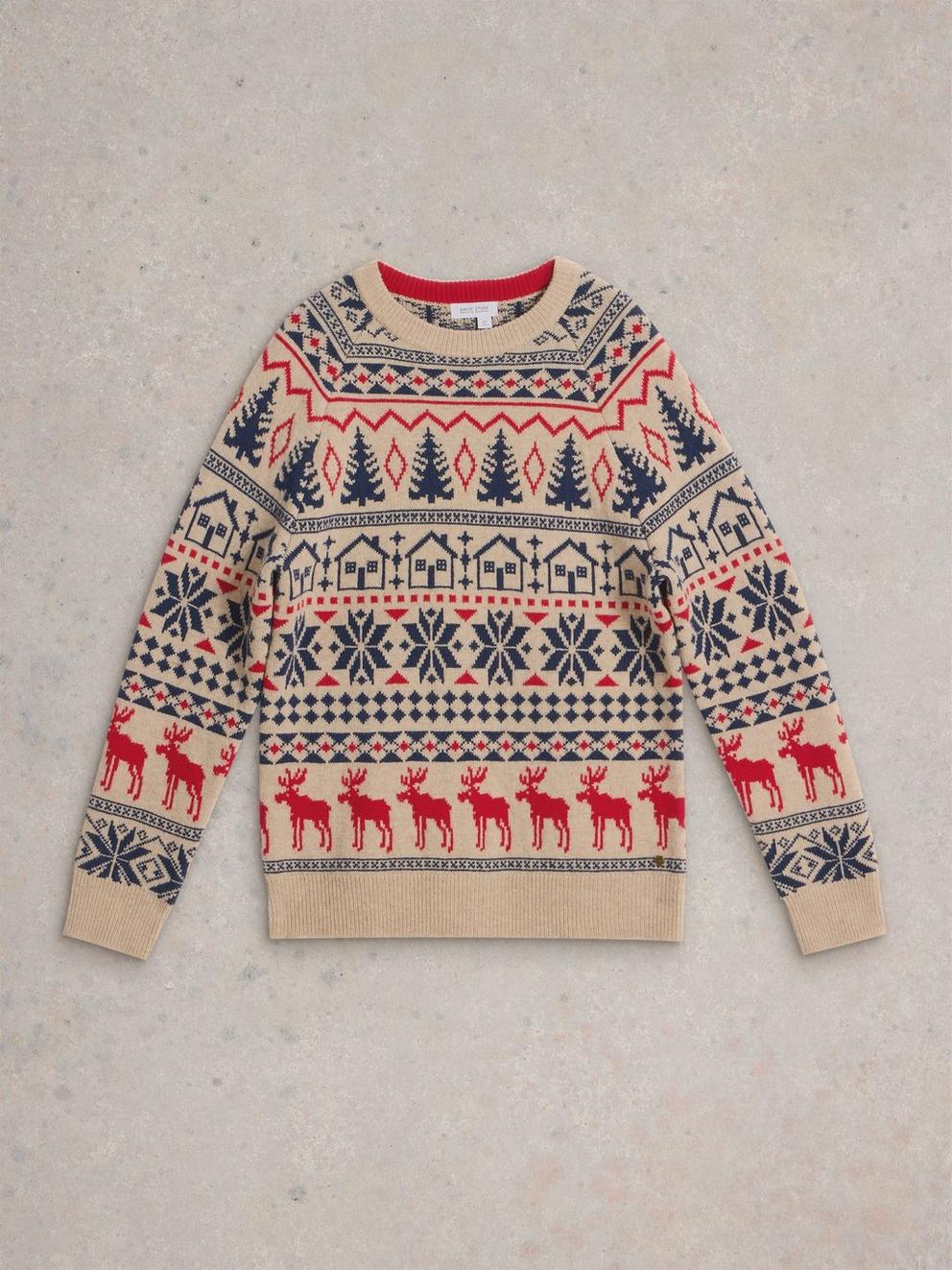 Moose Fairisle Wool Crew Jumper in NAT MLT - FLAT FRONT