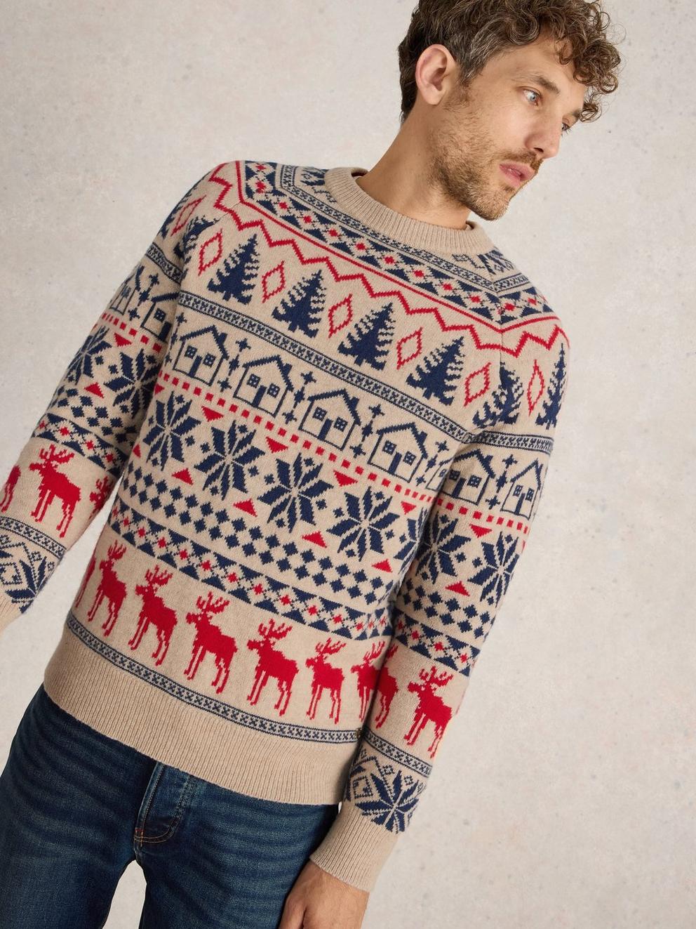 Moose Fairisle Wool Crew Jumper in NAT MLT - LIFESTYLE