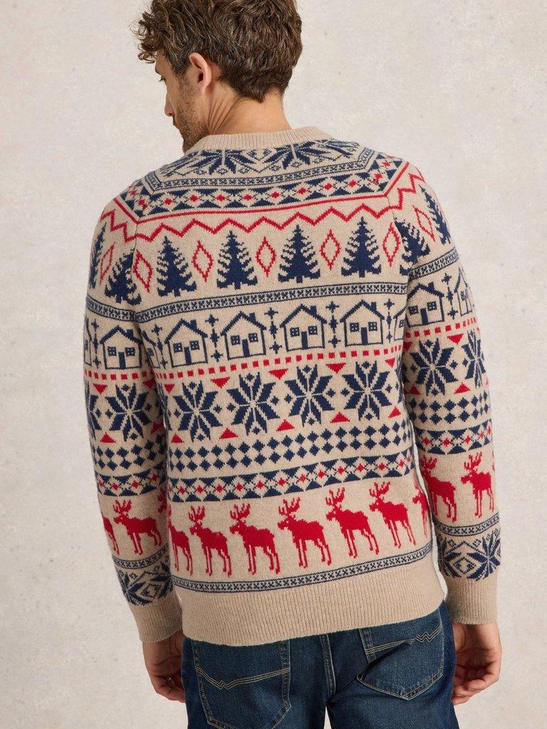 Moose Fairisle Wool Crew Jumper in NAT MLT - MODEL BACK