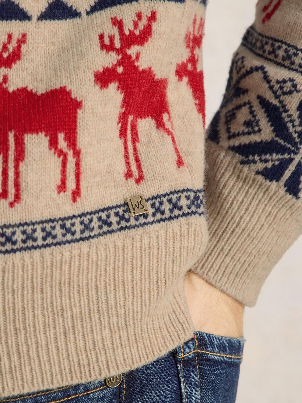 Moose Fairisle Wool Crew Jumper in NAT MLT - MODEL DETAIL