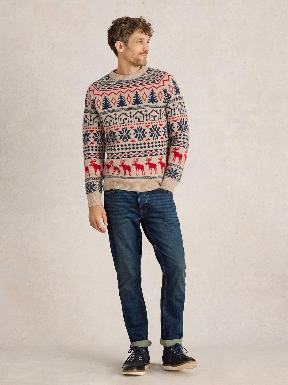 Moose Fairisle Wool Crew Jumper in NAT MLT - MODEL FRONT