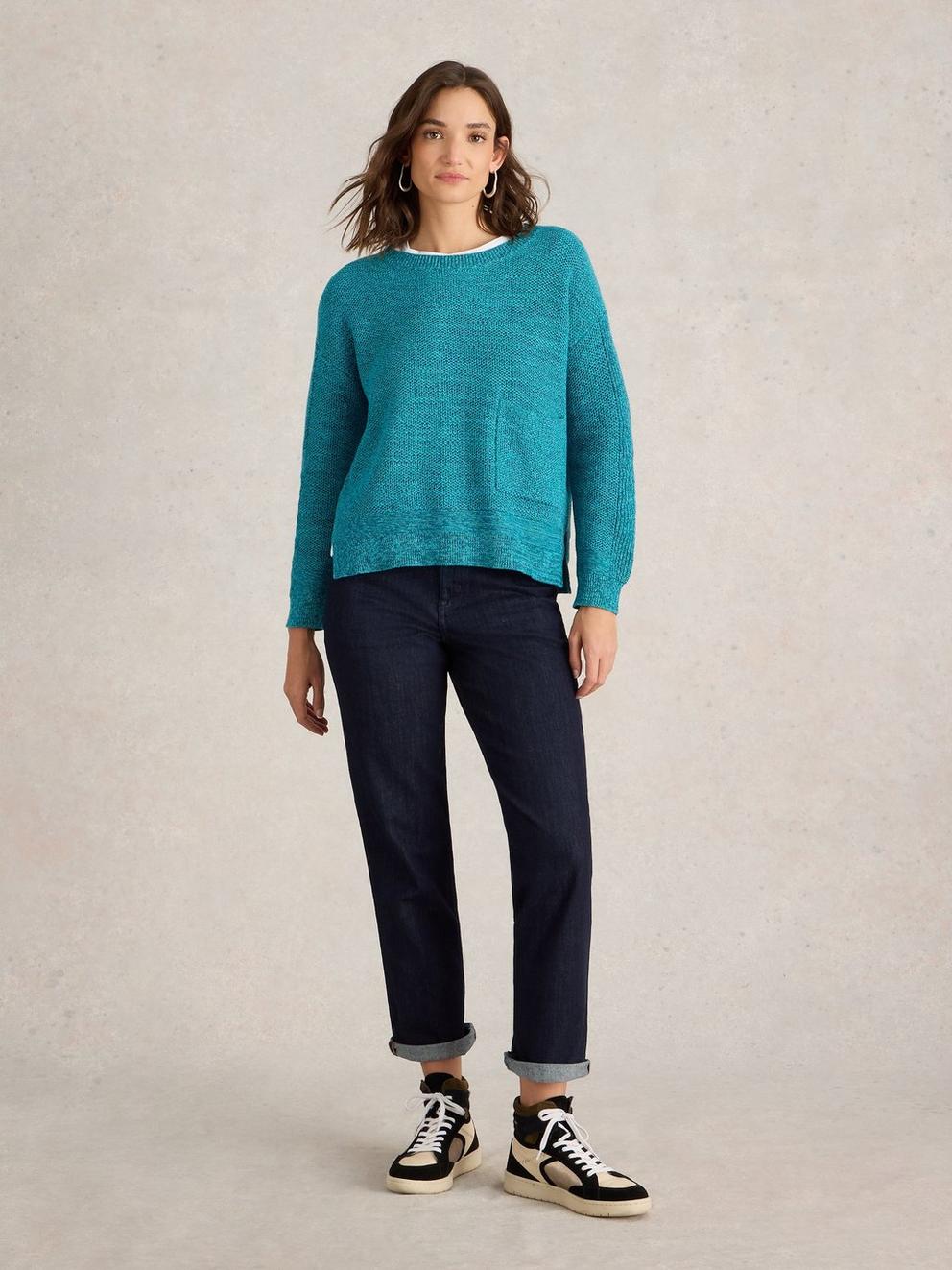 NORTHBANK JUMPER in TEAL MLT - MODEL FRONT