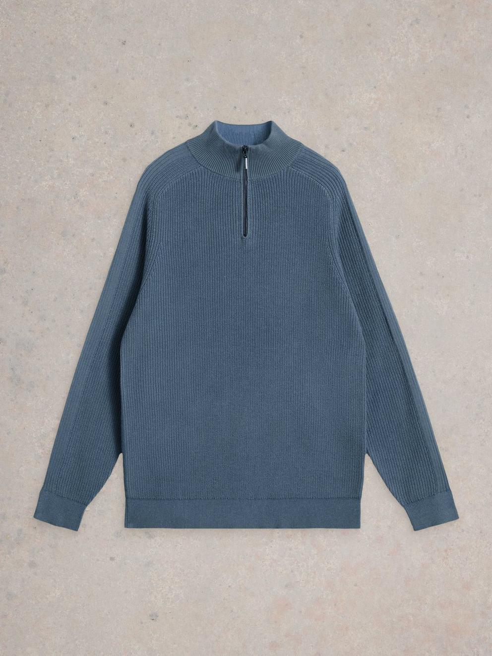 Pentire Cotton Funnel Neck Jumper in DUS BLUE - FLAT FRONT