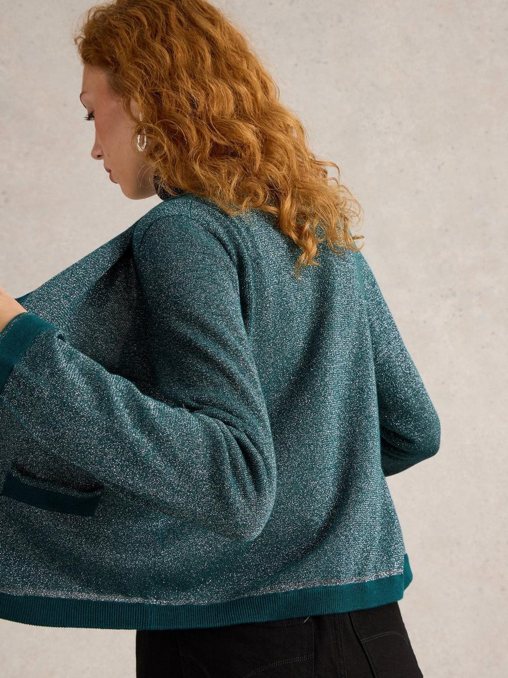 CHARLOTTE SPARKLE CARDI in MID TEAL - MODEL BACK