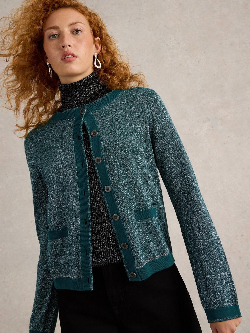 CHARLOTTE SPARKLE CARDI in MID TEAL - MODEL DETAIL