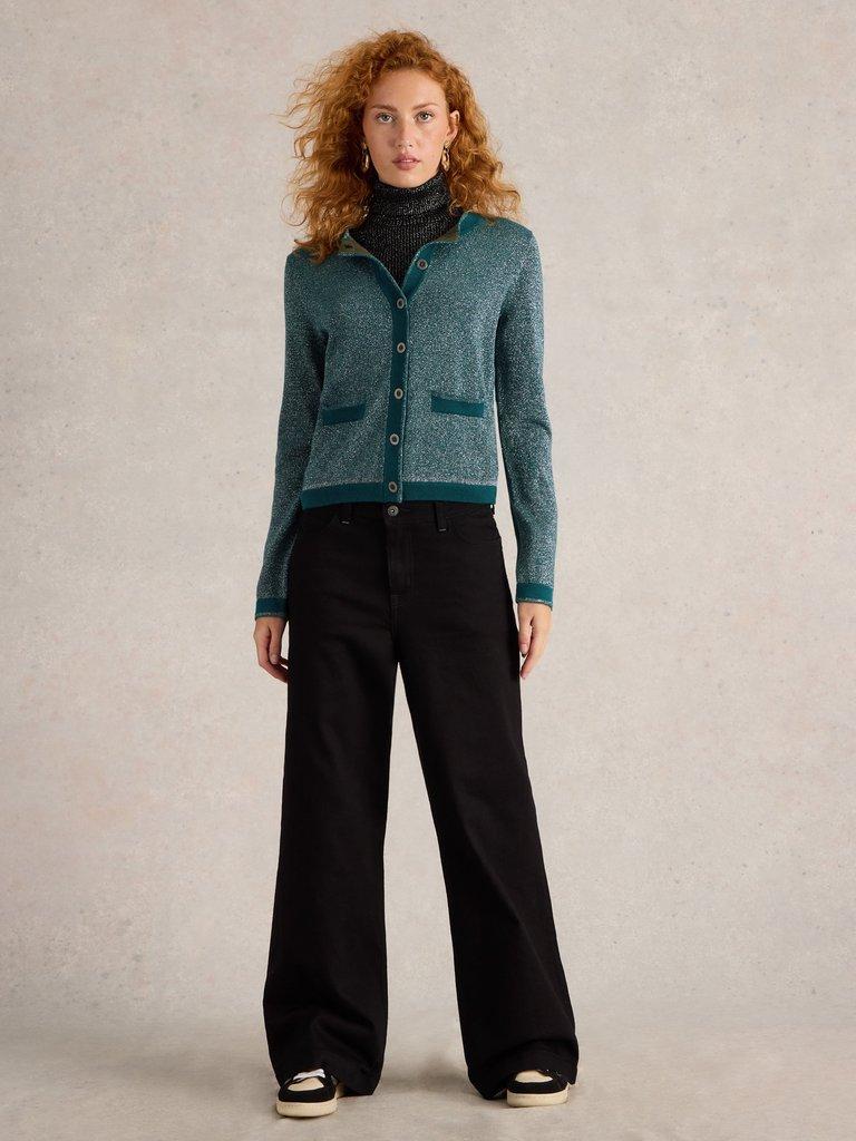 CHARLOTTE SPARKLE CARDI in MID TEAL - MODEL FRONT