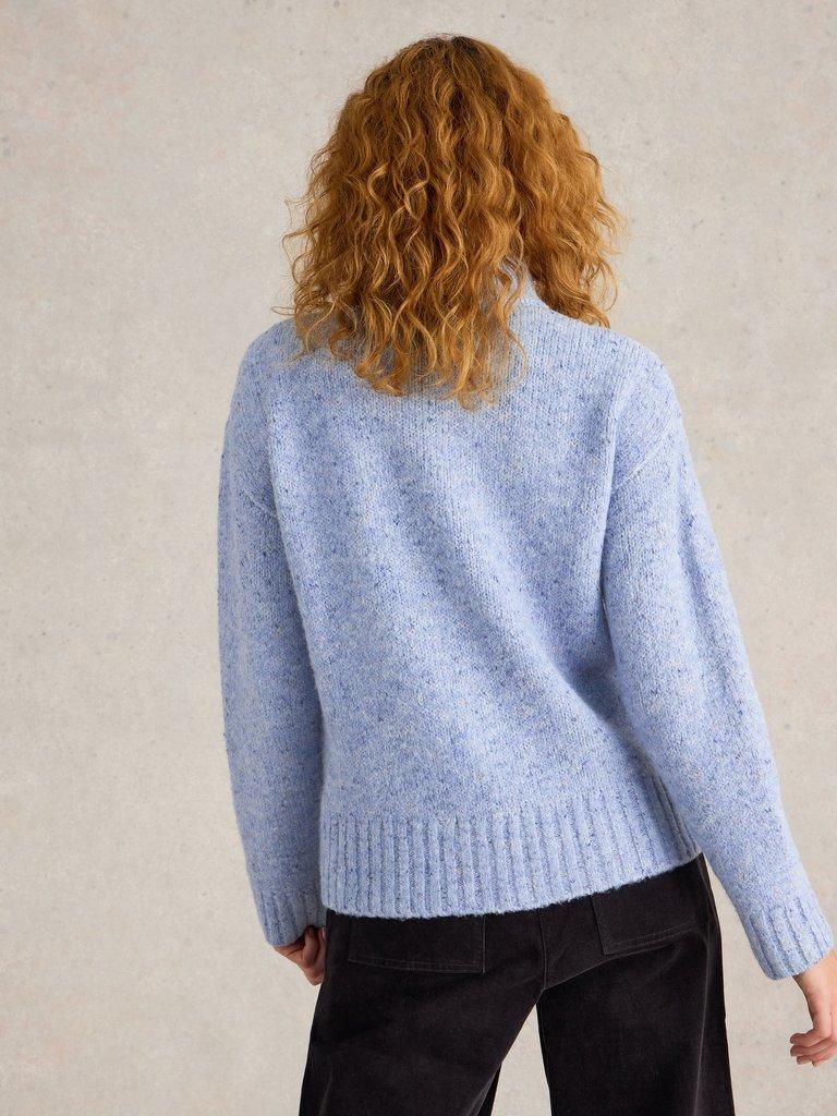 BELLA BUTTON LONG SLEEVE JUMPER in BLUE MLT - MODEL BACK