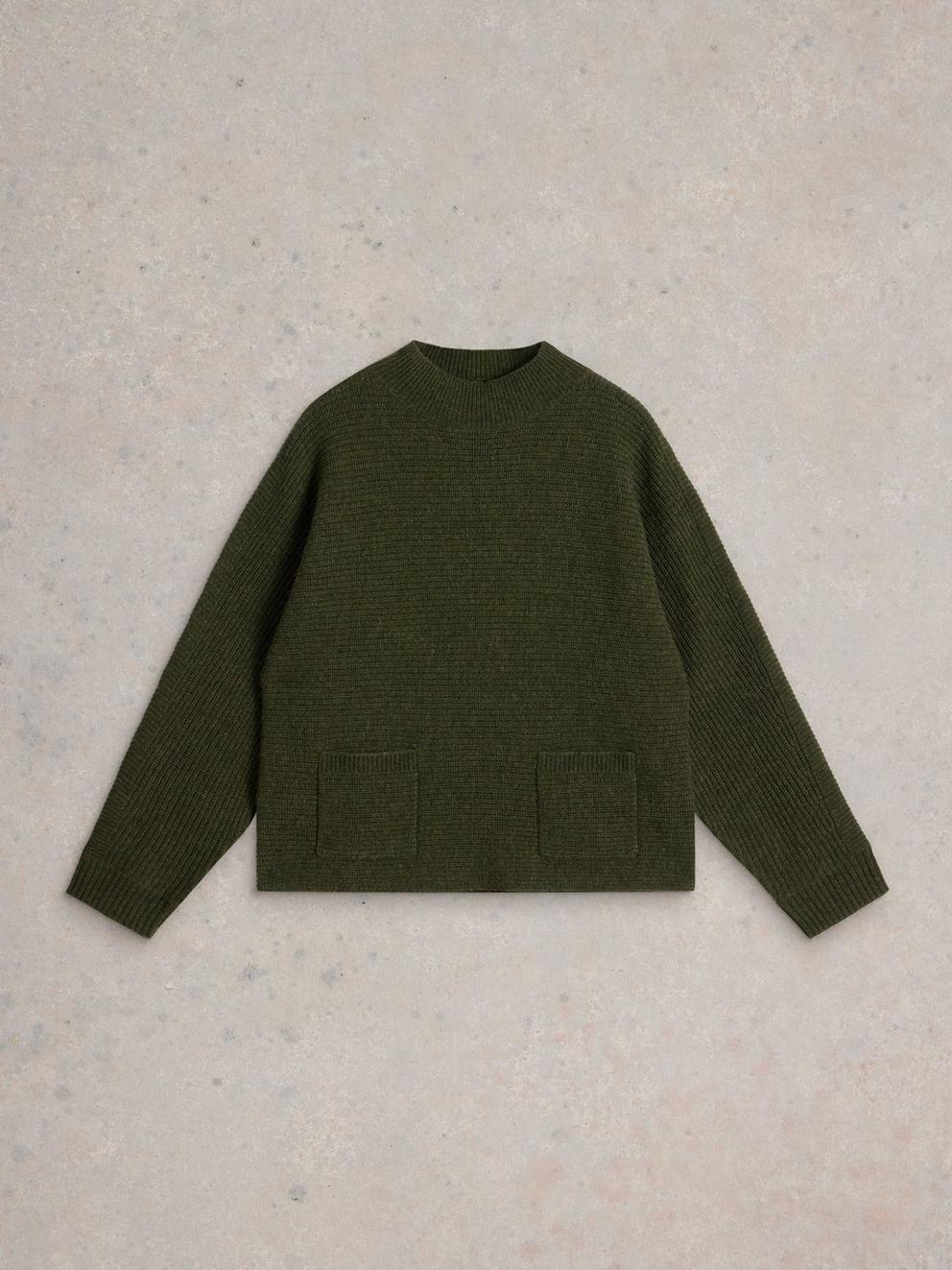 CARLI HIGH NECK WOOL JUMPER in KHAKI GRN - FLAT FRONT