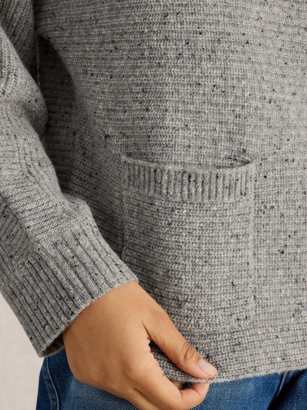 CARLI HIGH NECK WOOL JUMPER in MID GREY - MODEL DETAIL