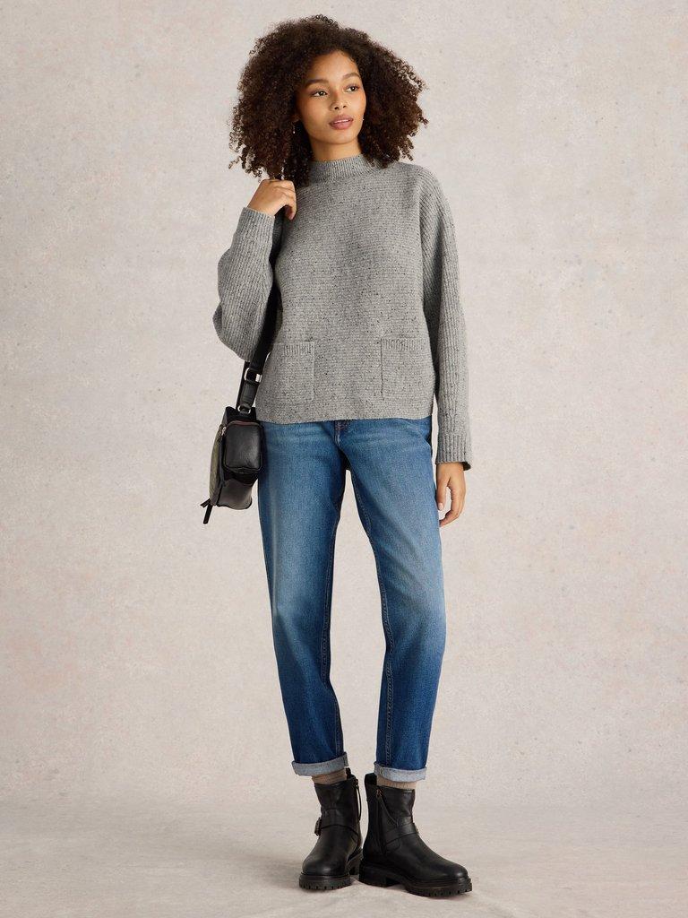 CARLI HIGH NECK JUMPER in MID GREY - MODEL FRONT