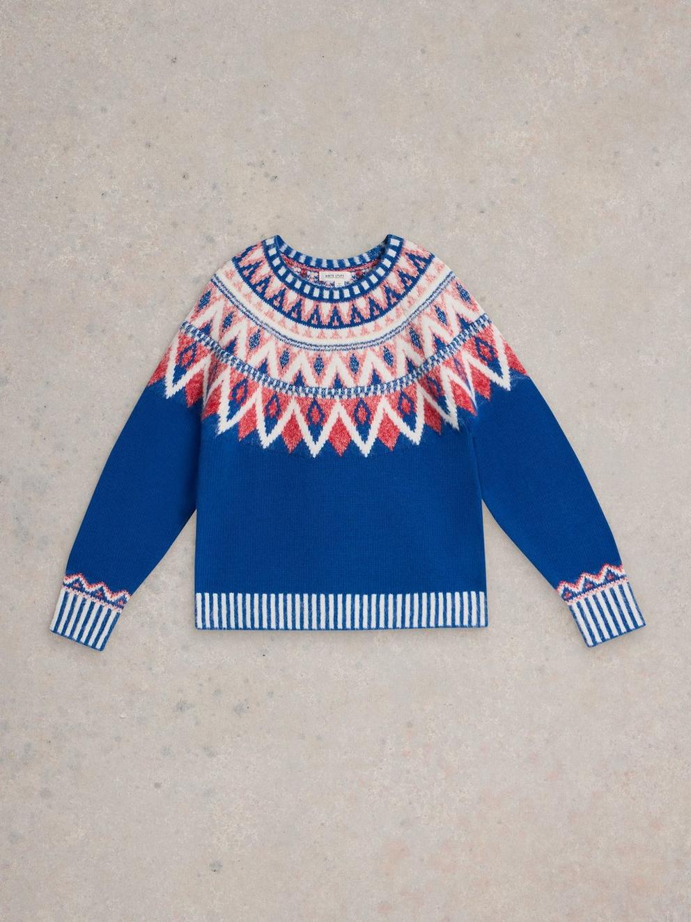 SAPPHIRE FAIRISLE WOOL JUMPER in BLUE MLT - FLAT FRONT