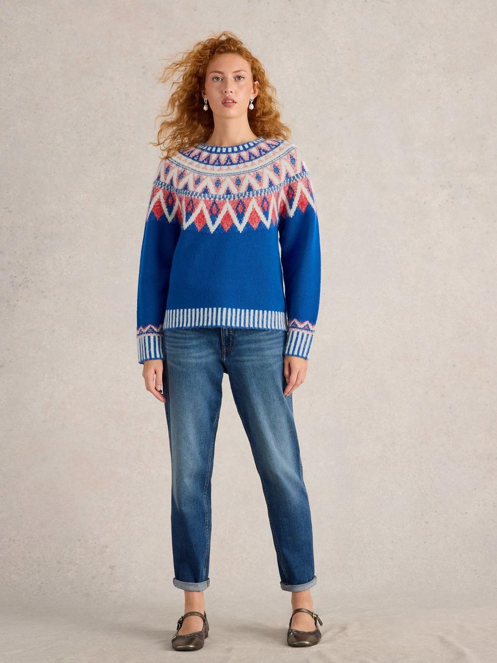 SAPPHIRE FAIRISLE WOOL JUMPER in BLUE MLT - MODEL FRONT