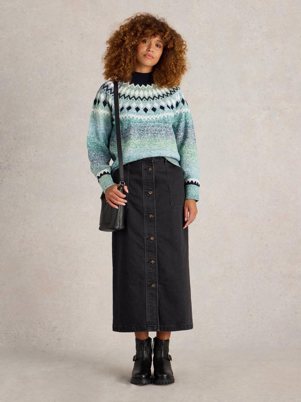 SASHA FAIRISLE JUMPER in BLUE MLT - MODEL FRONT