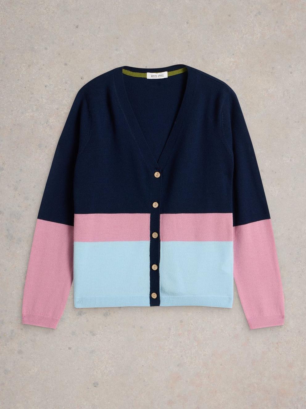 MERINO WOOL CARDIGAN in NAVY MULTI - FLAT FRONT